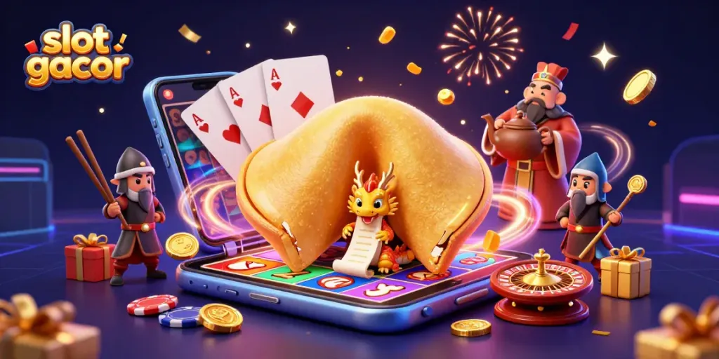 Putar slot gacor dengan keberuntungan, karakter menarik dan hadiah berlimpah dalam ilustrasi digital.