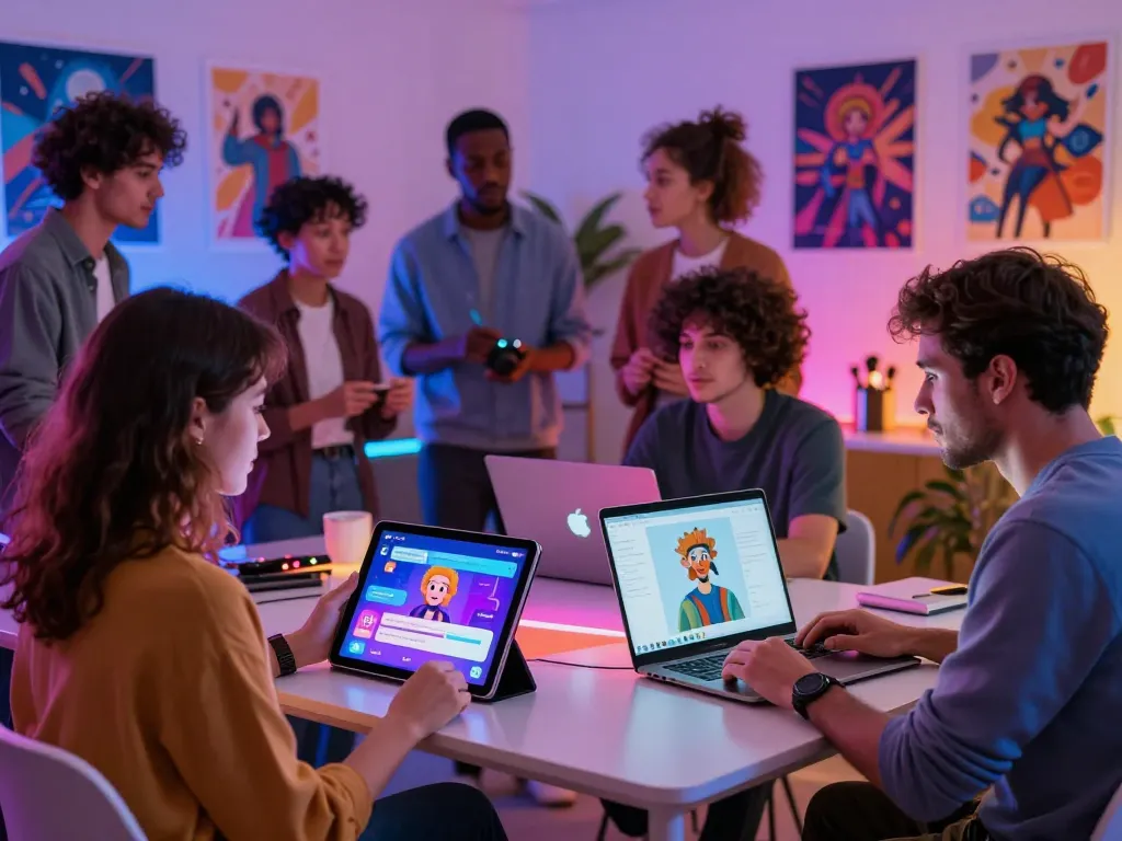 Interactive 18+ ai session showcasing adults engaged in creative AI technology, illustrating a vibrant workspace.