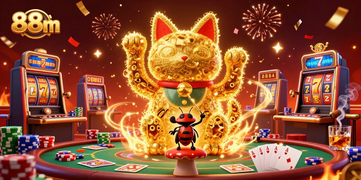 Experience the excitement of 88m with vibrant casino symbols and a lucky cat, celebrating a winning atmosphere.
