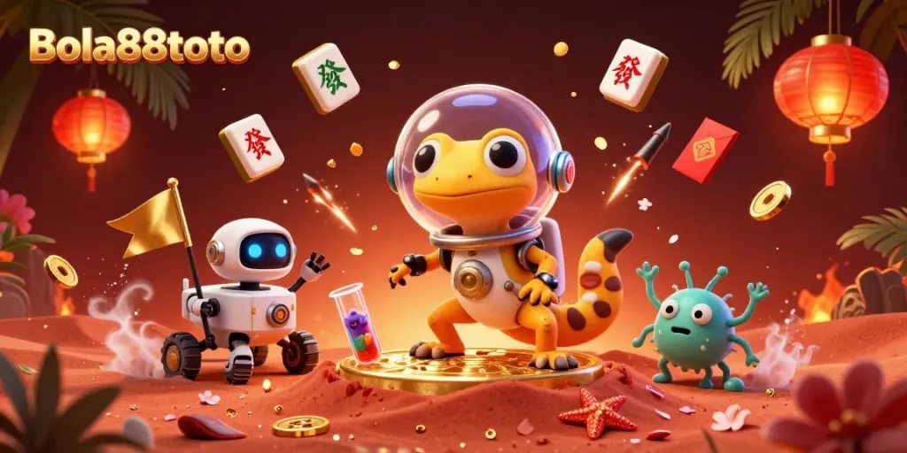 Create thrilling moments with Bola88toto while exploring a dynamic 3D alien casino illustration filled with vibrant gaming elements.