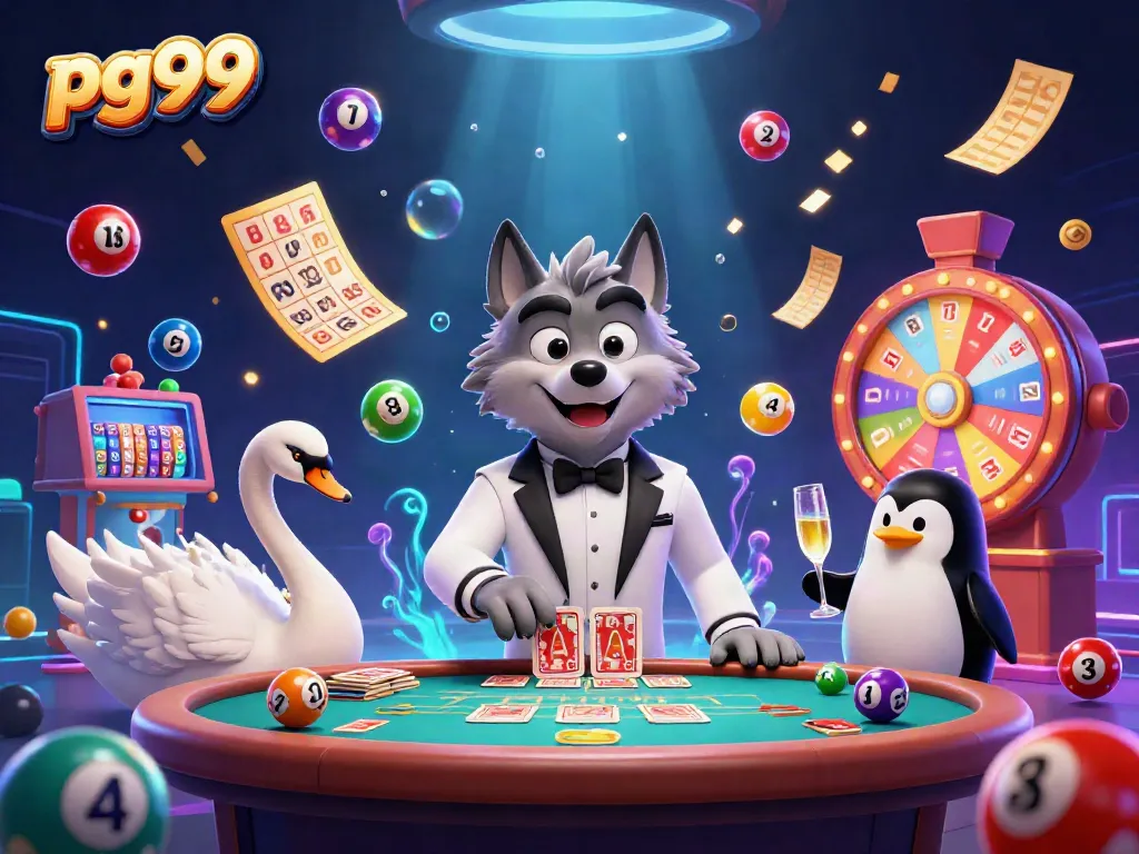 Join the excitement at pg99's baccarat table featuring a charming wolf, swan dealer, and penguin sommelier.