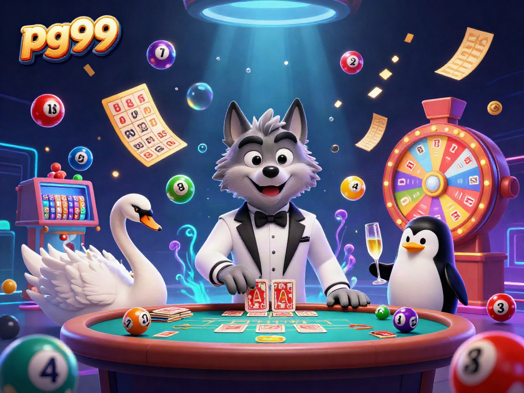 Join the excitement at pg99's baccarat table featuring a charming wolf, swan dealer, and penguin sommelier.