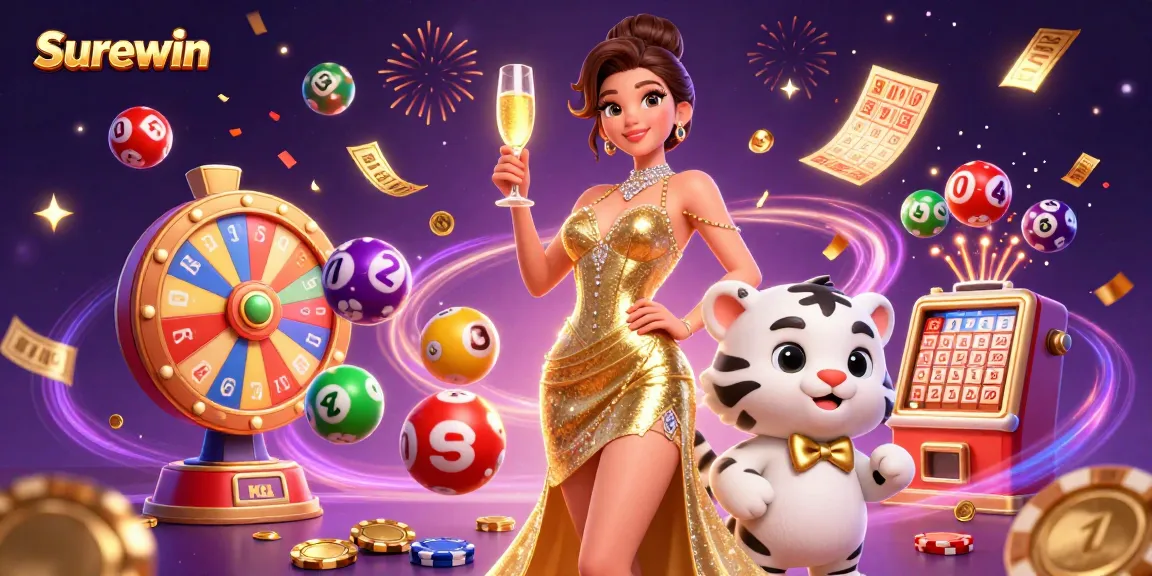 Surewin showcases a glamorous event with a sparkling woman and a lucky tiger, embodying joyful gambling.