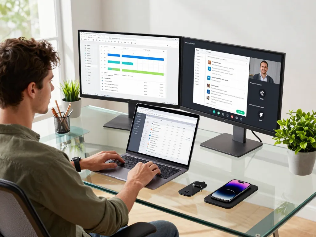 Tech gadgets for productivity showcased in a modern home office with dual monitors and sleek desk.