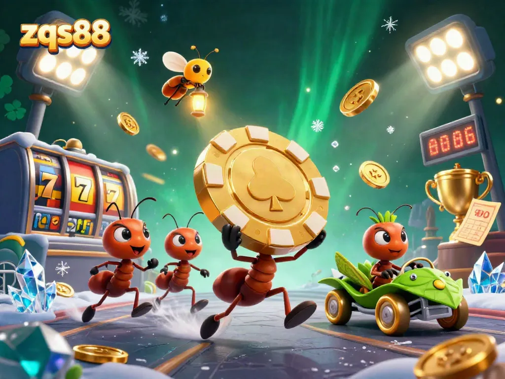 Experience thrilling gameplay with zqs88 in a vibrant heist scene featuring ants and golden poker chips.