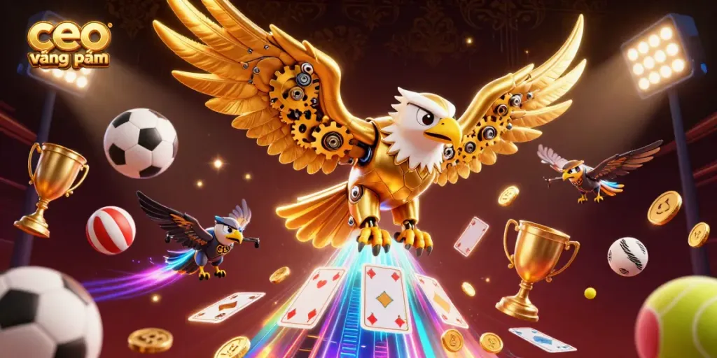 Watch ceo vương phạm diving through holographic cards amidst vibrant sports elements in an energetic casino scene.