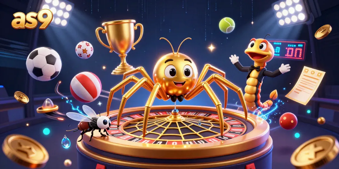 Place bets on as9 with a playful golden spider and a centipede croupier in a vibrant casino scene.