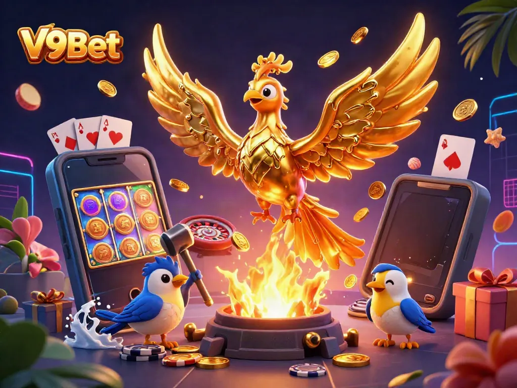 Experience high-stakes gaming with V9Bet's golden phoenix emerging from gold, symbolizing luck and fortune.