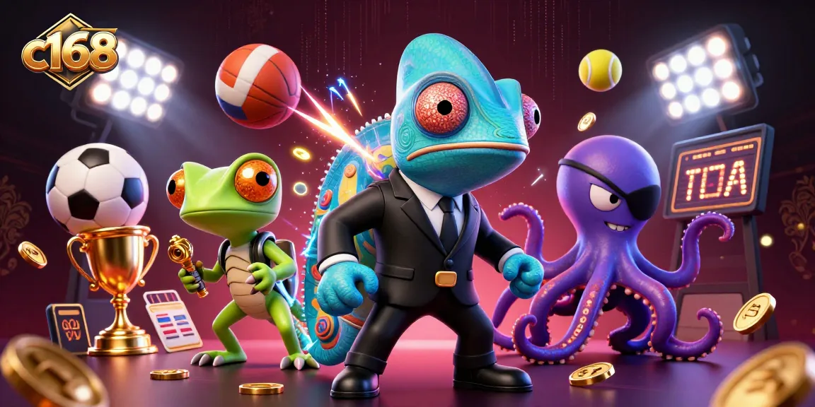 c168 gaming scene showcasing a chameleon agent and gecko companion amidst dynamic sports betting elements and thrilling casino action.
