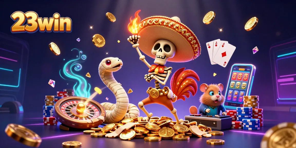 Engage in thrilling slot games and jackpot excitement with 23win's vibrant casino illustration featuring dynamic characters.