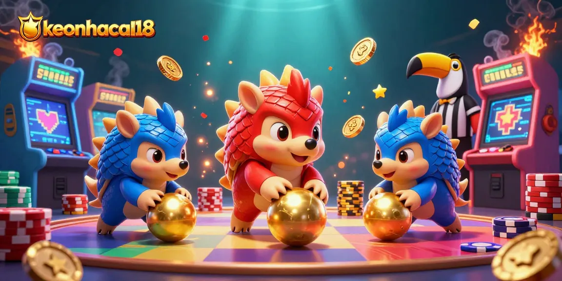 Experience the excitement of keonhacai18 with rival pangolins rolling through poker chips in a vibrant casino scene.