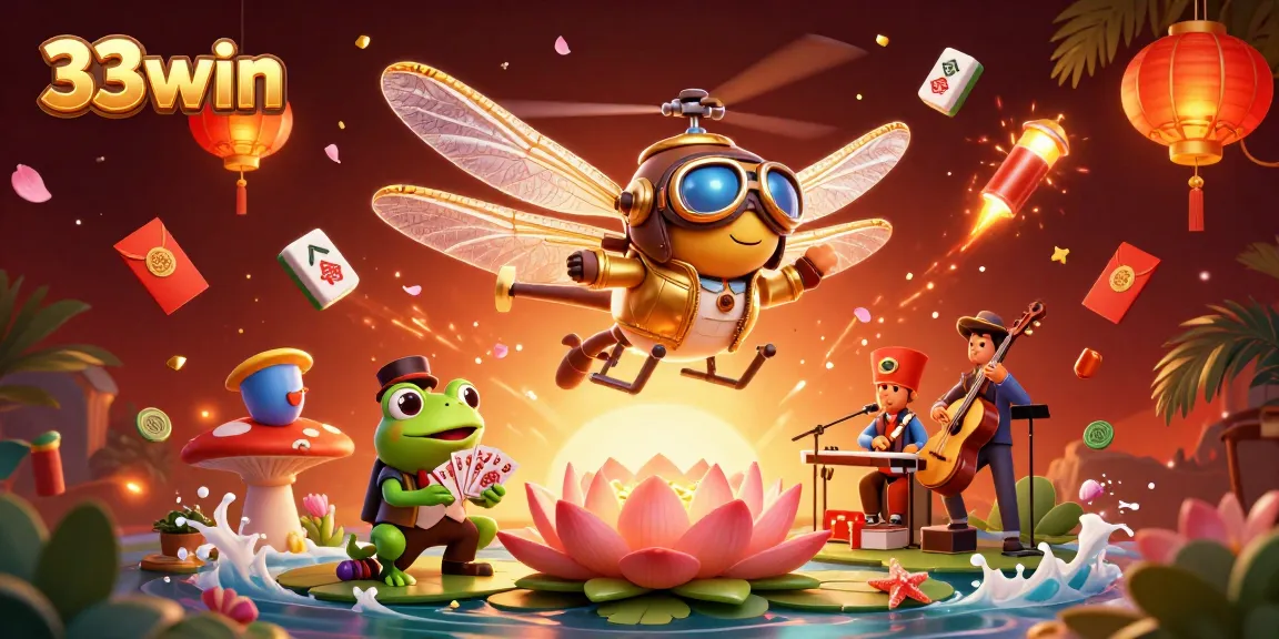 Experience the dynamic world of 33win with a vibrant casino scene featuring dragonfly pilots and frog croupiers.