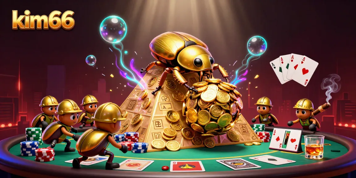 Experience the excitement of kim66 as the golden beetle rolls coins, surrounded by vibrant casino elements.