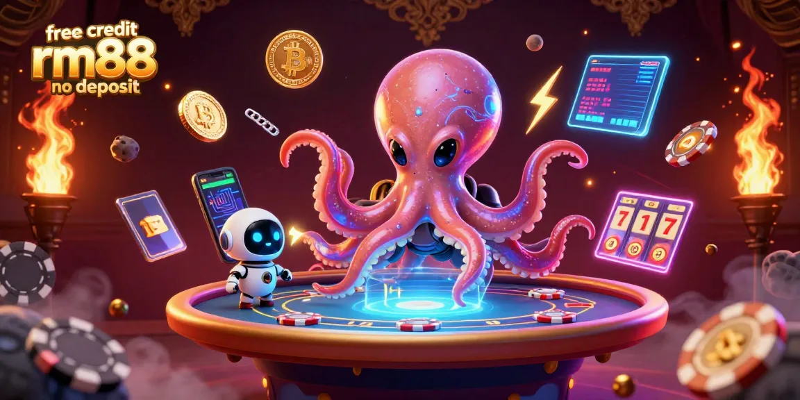 Engage with free credit rm88 no deposit opportunities through this vibrant 3D illustration featuring an alien octopus at a virtual poker table, surrounded by gambling-themed elements.