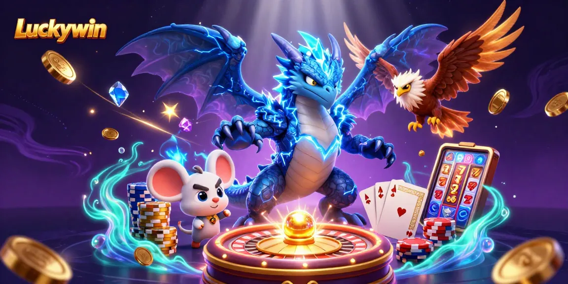 Experience Luckywin with dynamic casino excitement, showcasing colorful characters and game elements.