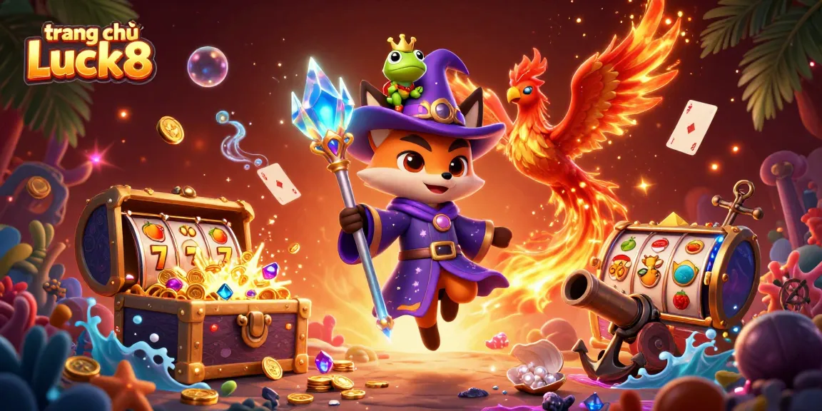 Engage in thrilling gameplay at trang chủ Luck8 featuring a magical scene with a wizard fox, phoenix, and exciting gaming elements.