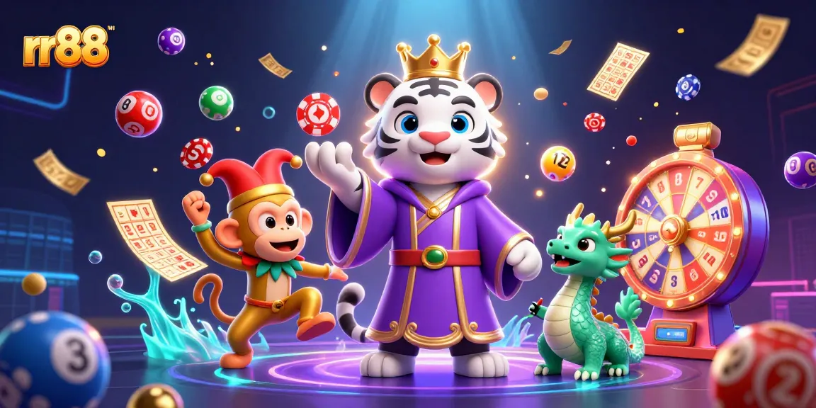 Experience thrilling gaming excitement at rr88 with vibrant visuals, lottery balls, and casino elements.