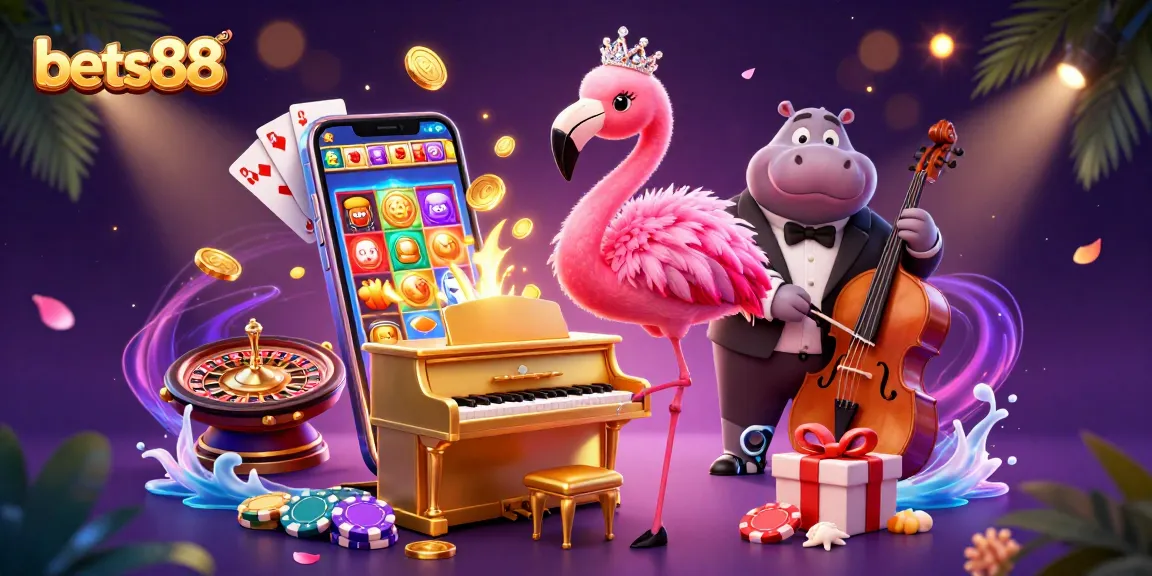 Win big at bets88 with a lively casino atmosphere featuring a flamboyant flamingo and a hippo bassist.