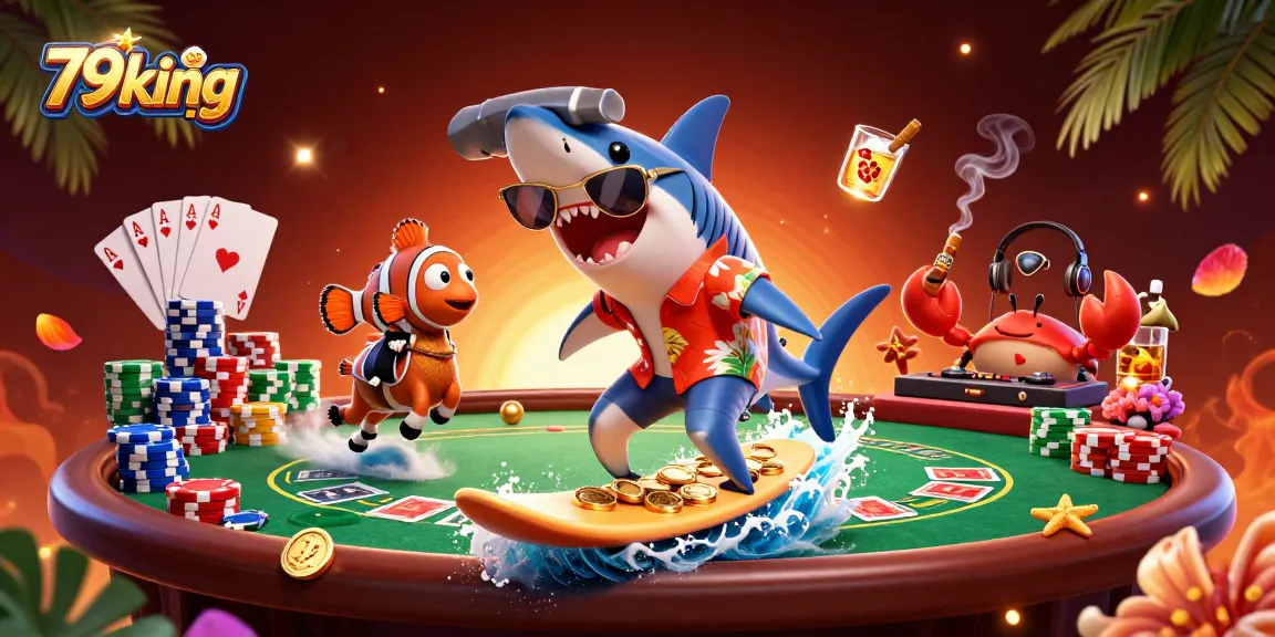 Experience thrilling gambling action at 79king with energetic characters in a vibrant underwater casino scene.
