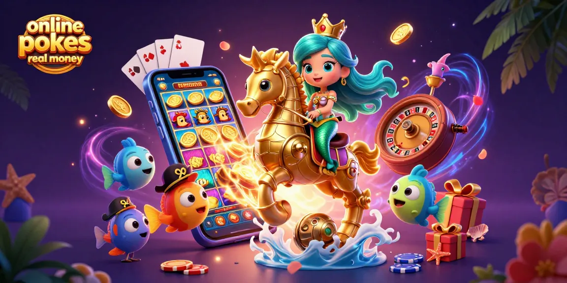 Experience online pokies real money with a vibrant scene featuring a mermaid, seahorse, and casino elements.