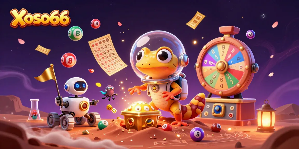 Immerse in Xoso66's vibrant gaming universe, featuring a Martian gecko finds a golden casino with dynamic elements.