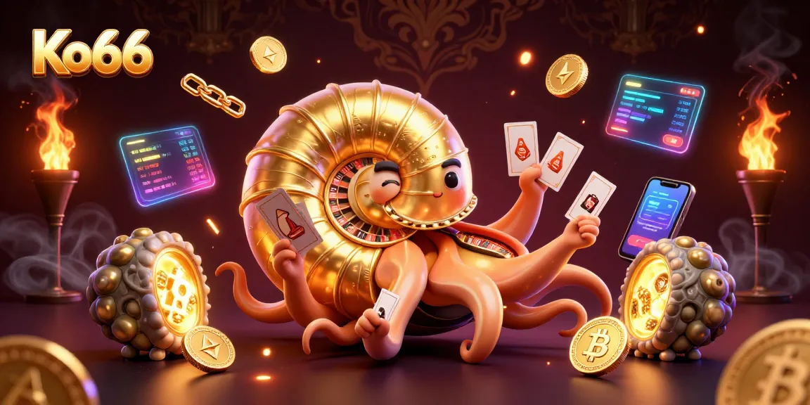 Experience gaming excitement with Ko66's vibrant 3D illustration of a nautilus roulette wheel and glowing crypto coins.